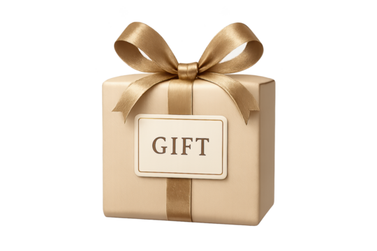 Beige gift box wrapped with gold ribbon and bow, tag reads GIFT