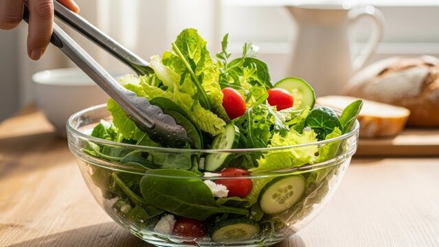Person tossing fresh green salad with cherry tomato and cucumber in glass bowl