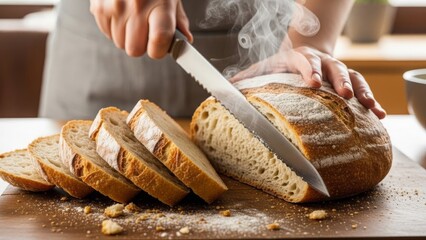 Person slicing freshly baked, steaming loaf of artisan bread on a wooden board