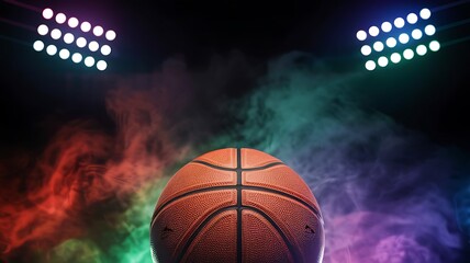 Night basketball game in the city with an isolated, fiery orange ball on a dark court