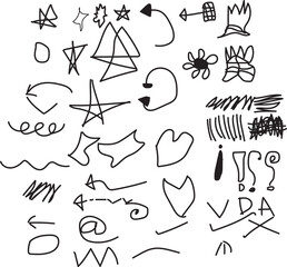 A doodle sheet filled with various hand drawn shapes and symbols in black ink on a white background
