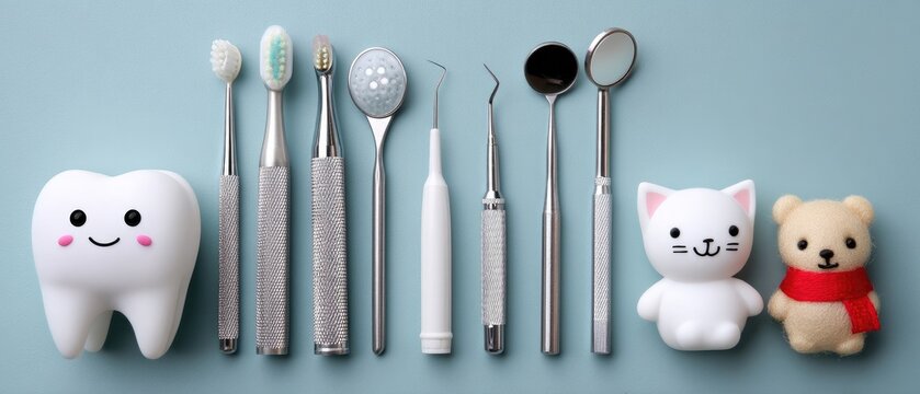 Bright dental tools and cute characters arranged on a blue background in a fun dental care display