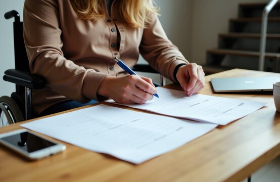Woman in wheelchair filling out forms at wooden desk with laptop and phone