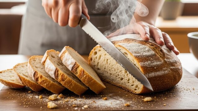 Person slicing freshly baked, steaming loaf of artisan bread on a wooden board