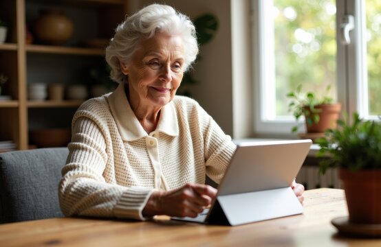 Elderly woman using a tablet at a wooden table in a bright home setting