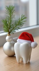 Fototapeta premium Christmas themed decoration featuring a tooth wearing a Santa hat next to a silver ornament and a small pine branch on a windowsill