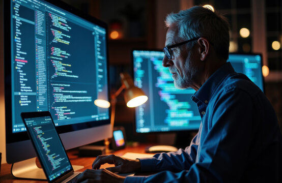 Man coding on multiple monitors in a dim office with focused concentration