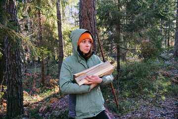 A young woman carries firewood in her hands in the forest. The concept of preparing firewood for the winter
