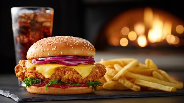 Delicious crispy chicken burger with cheese served with fries and cola - Powered by Adobe