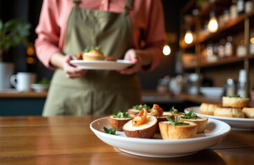 Woman serving appetizers on plates in a cozy café setting with warm lights