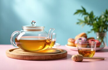 Fototapeta premium Glass teapot with honey dipper and cup on pastel table with pastries and plant
