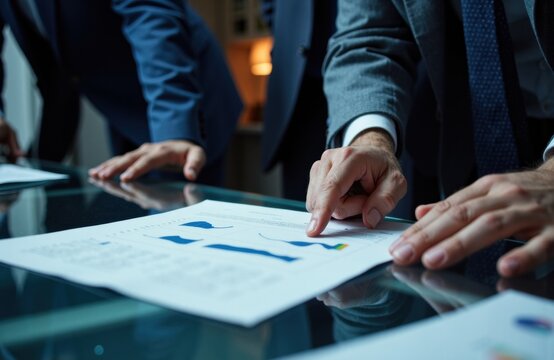 Business meeting with professionals pointing at financial charts on glass table - Powered by Adobe