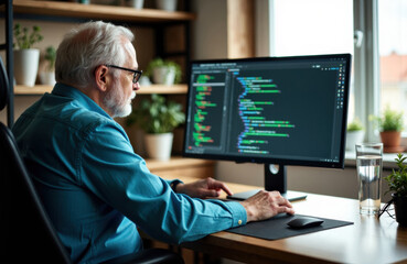 Man coding at a desktop computer in a bright home office with large monitor