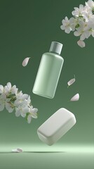 Floating green soap and bottle surrounded by blossoming white flowers on green background