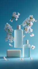 Floating skincare bottles with white flowers on a soft blue background