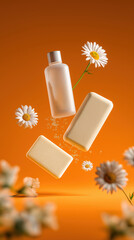 Natural soap and shampoo products with chamomile on vibrant orange background