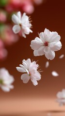 Delicate white cherry blossoms floating against soft brown background