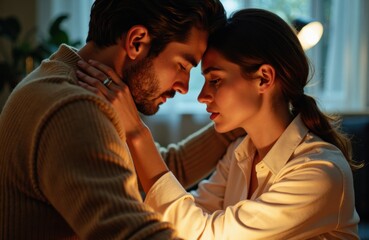 Fototapeta premium Couple sharing an intimate moment with foreheads touching in warm light