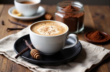 Cup of cappuccino with cocoa powder and honey dipper on rustic wooden table