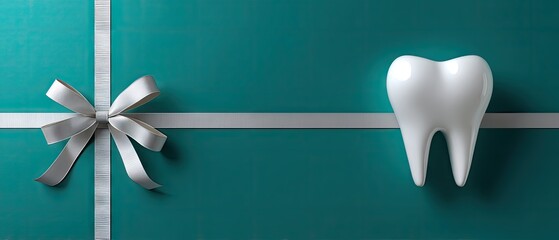 White tooth decoration on a teal background adorned with a silver ribbon for a dental event or celebration