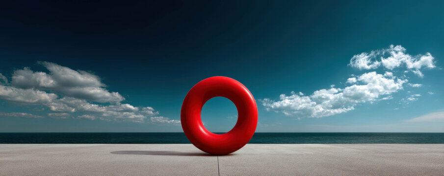 A vibrant red life ring stands prominently on a concrete pier, with a serene ocean backdrop under a clear blue sky dotted with fluffy white clouds.