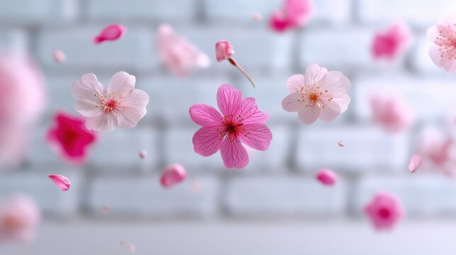 Floating cherry blossoms against a soft blue brick background