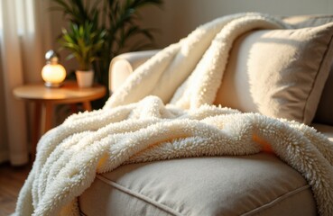 Cozy sherpa throw blanket draped over beige sofa cushion with warm lamp light