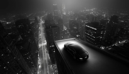 Black and white aerial view of a sleek sedan parked on a skyscraper rooftop overlooking a sprawling, foggy city at night.