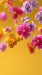 Vibrant pink, purple, and yellow flowers on golden background