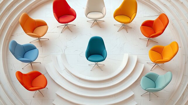 A top-down view of colorful chairs arranged in a circle on a white, textured background. The chairs are different colors and have a modern design.