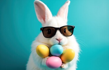 White rabbit wearing sunglasses holding pastel Easter eggs against turquoise