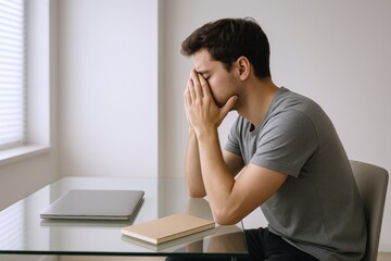 Obraz premium Stressed Young Man Sitting at Desk with Laptop and Notebook, Experiencing Anxiety and Fatigue