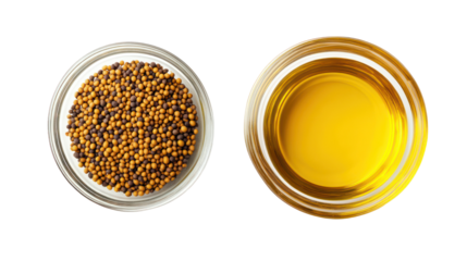 Two small glass bowls one with mustard seeds and one with mustard oil isolated on transparent background
