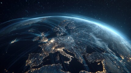Global Communication Network Over Europe: City Lights, Data Streams, and Connectivity Across the Continent