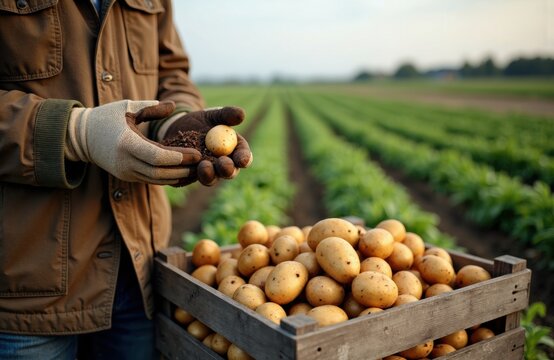 Man holding freshly harvested potatoes in a field with wooden crate of produce