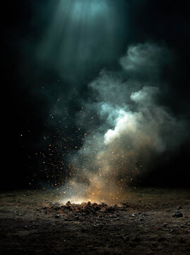 Dramatic scene of a fiery explosion erupting from dark, scorched earth.