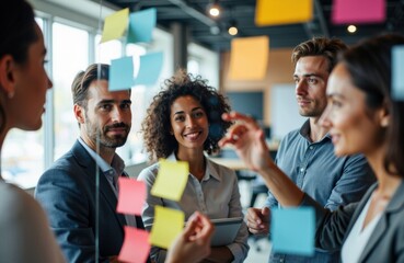 Business meeting with diverse team collaborating around glass wall of sticky notes