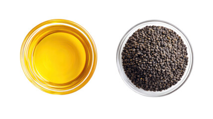 Two bowls of black cumin seeds and black cumin oil isolated on transparent background