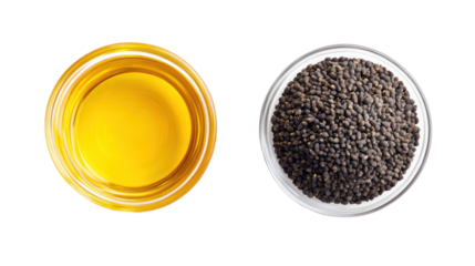 Two bowls of black cumin seeds and black cumin oil isolated on transparent background