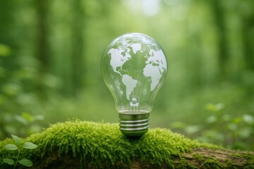 Eco-Friendly Energy Concept: Lightbulb with World Map on Moss, Green Background, Sustainable Future