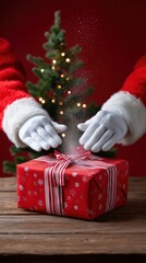 Santa hands wrapping gift with red snowflake paper and christmas tree in background