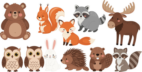 Fototapeta premium Mega Vector Set of Cute Cartoon Woodland Animals, Featuring a Bear, Squirrel, Fox, Raccoon, Moose, Owl, Rabbit, Hedgehog, and Beaver, Ideal for Children's Design and Nursery Decor