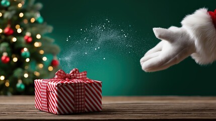 Santa hand sprinkling magic on gift near christmas tree