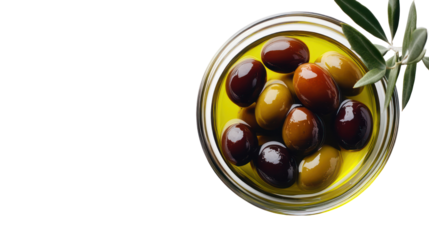 Assortment of ripe olives in olive oil isolated on transparent background