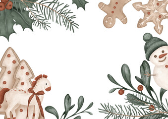 Horizontal Banner watercolor illustration with horses, pine branches, for tree, bow. Postcard for holly and red berries and sweet cookie gingerbread. Hand drawn new year illustration snowman.