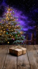Festive gift wrapped in brown paper on wooden table with christmas tree and purple night sky