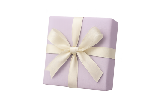 Pastel purple gift box tied with cream ribbon bow