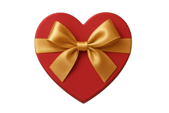Red heart-shaped gift box with gold satin bow