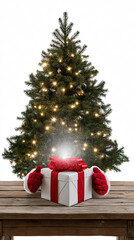 Sparkling christmas tree with santa gloved hands holding a gift on wooden table