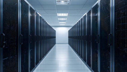 Data center server room with rows of server racks and a bright hallway